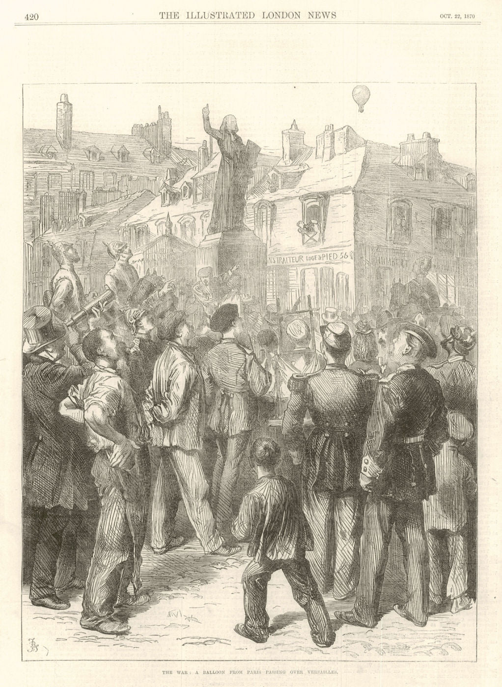 Franco-Prussian War: A balloon from Paris passing over Versailles 1870 print